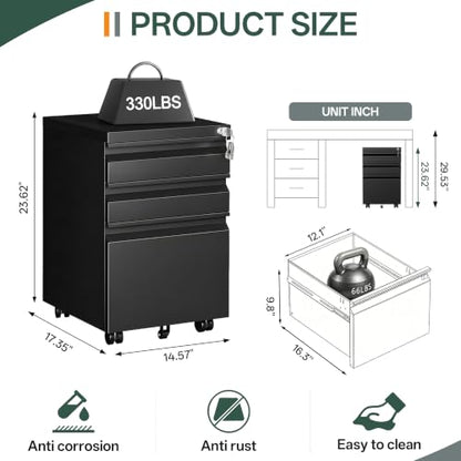 3 Drawer Mobile File Cabinet with Lock, Fully Assembled - color: Black