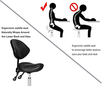 Kaleurrier Rolling Saddle Chair with Back Support: Heavy Duty Stools - color: Black, size: With Back & Footrest