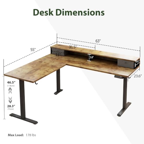 Agilestic 63 Inch L Shaped Electric Standing Desk with Drawer, Rustic Brown - color: Rustic Brown, size: 63x55.1 Inch Pro