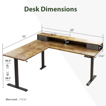 Agilestic 63 Inch L Shaped Electric Standing Desk with Drawer, Rustic Brown - color: Rustic Brown, size: 63x55.1 Inch Pro