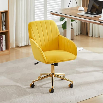 YITAI Velvet Office Desk Chair with Wheels and Gold Base,Modern Height Adjustable 360 Degree Swivel Upholstered Vanity Chairs with Arms for Living Room Bedroom, Study,Yellow - color: Gold Yellow