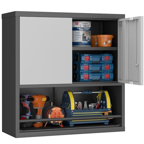 GREATMEET 31" H Metal Garage Storage Cabinets with Doors and Shelves, Lockable Storage Cabinet with Lock, Hanging Cabinets for Wall, Wall Mount Cabinet for Utility Room, Black&Grey - color: Black & Grey, size: 31"H