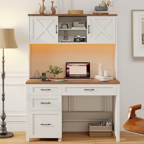 Halitaa Farmhouse 67" H Executive Desk with Hutch & Drawers, Unique White | Office Desk with LED Light, Wood Workstation for Home Office and Study, Computer Desk with File Drawers, Charging Station. - color: Unique White, size: Left Cabinet 4-Drawer