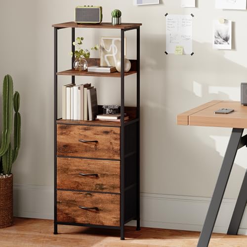 Somdot 5 Tier Bookshelf with 3 Drawers, Narrow Storage Bookcase for Bedroom | Tall Metal Frame Bookcase for Small Spaces, Living Room and Home Office, Brown - color: Brown