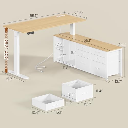 SEDETA L Shaped Electric Standing Desk, 55" x 55" Height Adjustable Office Executive Desk with 6 Fabric Drawers and Storage Shelves, Sit Stand Computer Desk with Power Outlet - color: Oak