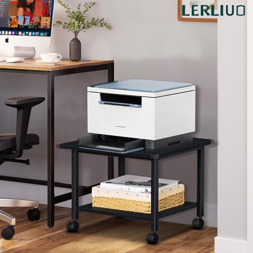 Lerliuo Under Desk Printer Stand, 2-Tier Industrial Mobile Printer Table with Storage Shelf and Steel Frame, Rolling Printer Cart Holder with Lockable Wheels for Home, Office (Black) | Black Small Mobile Printer Cart Desk for Home Office, Lockable Wheels,