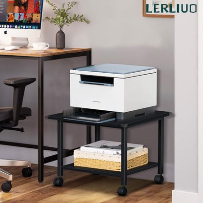 Lerliuo Under Desk Printer Stand, 2-Tier Industrial Mobile Printer Table with Storage Shelf and Steel Frame, Rolling Printer Cart Holder with Lockable Wheels for Home, Office (Black) | Black Small Mobile Printer Cart Desk for Home Office, Lockable Wheels,