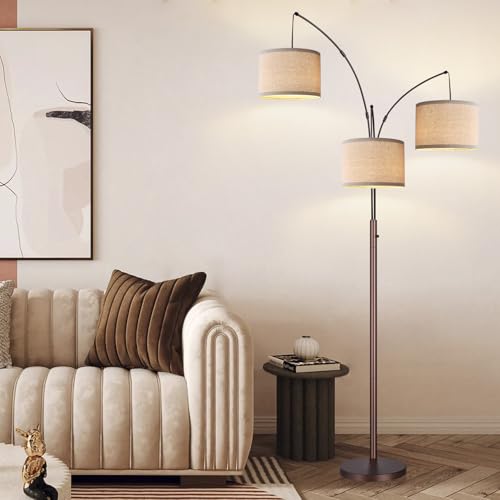 Dimmable Floor Lamp, 3 Lights Brown Arc Floor Lamp, Modern Tall Standing Tree Lamp with Beige Linen Shades & Heavy Base, 3000LM LED Bulbs, Bright Lighting for Living Room, Bedroom, Office & Reading - color: Brown-Beige Linen Shade