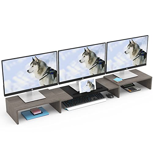 WESTREE Triple Dual Monitor Stand Riser, 56" Extra Long Monitor Stand for 1~2~3 Monitors, Monitor Stand with Length and Angle Adjustable, 3 Shelf Desktop Organizer Riser for Monitor Computer Laptop - color: grey