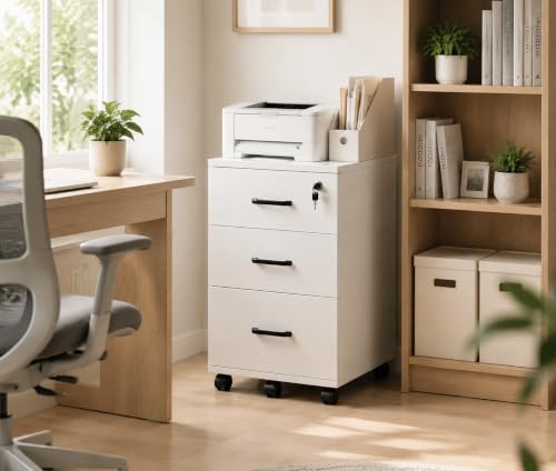 Lockable 3-Drawer Mobile Filing Cabinet with Wheels, Heavy-Duty Vertical Under Desk Storage & Printer Stand, Compatible with A4, Letter, Legal Size Hanging Files Home Office Use (White) - color: White