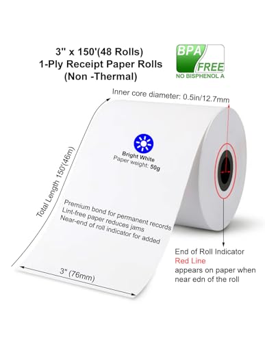 (48 Rolls) 1Ply Bond Receipt Paper Rolls 3 x 150 White Paper for Kitchen Impact Printers TMU200 SRP275 Star SP700 Suitable For Printing Kitchen Tickets and Order receipts 3000LABELS DIRECT - size: 3" 1 Ply 150' Bond, style: 48 Rolls