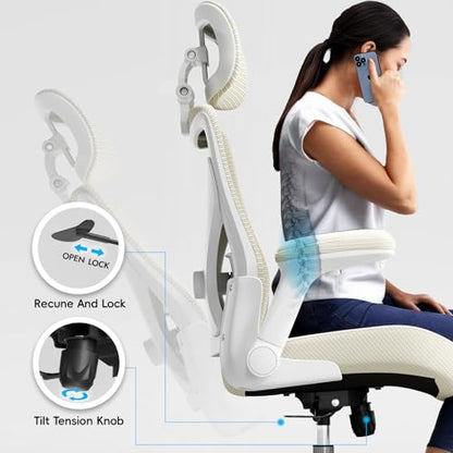 Ergonomic Office Chair:Home Office Desk Chairs with Headrest Lumbar Support | Ergalithic Ergonomic Desk Chair X-Shaped Mesh PU Leather Executive Computer Chair High Back Flip-Up Arms for Long Hour - color: Beige