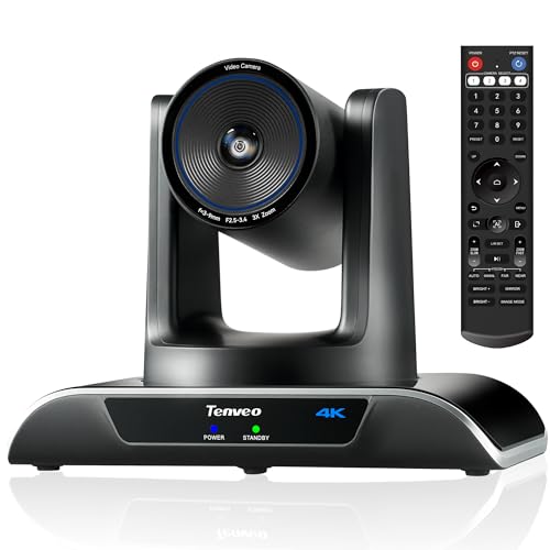 Tenveo 4K AI Auto Tracking PTZ Conference Camera, 3X Optical Zoom, 92° Wide View Angle, USB 3.0 & HDMI Conference Camera for Zoom, Teams, OBS, Live Streaming, Church Worship, Education, Meetings - color: Shadow Black