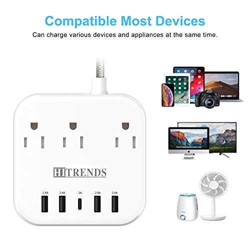 Surge Protector Power Strip, 10FT Extension Cord, 3 Outlets 4 USB-A 1 USB-C (5V/3A), 45° Flat Plug Wall Mountable for Home Office, Dorm, Cruise Ship, Nightstand - size: 10FT