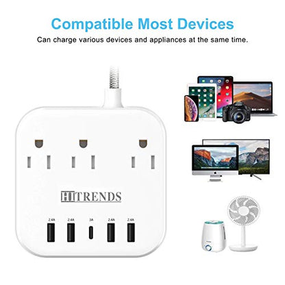 Surge Protector Power Strip, 10FT Extension Cord, 3 Outlets 4 USB-A 1 USB-C (5V/3A), 45° Flat Plug Wall Mountable for Home Office, Dorm, Cruise Ship, Nightstand - size: 10FT
