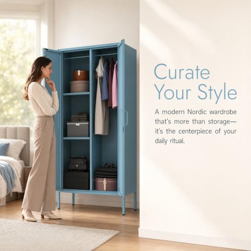 Lockable Metal Wardrobe Closet with Hanging Rod and 3 Adjustable Shelves,67" Metal Storage Cabinet with 2 Doors,Steel Armoire Wardrobe Closet for Bedroom Living Room Cloak Room (Blue) - color: Blue, style: 67"H-Wardrobe-DY