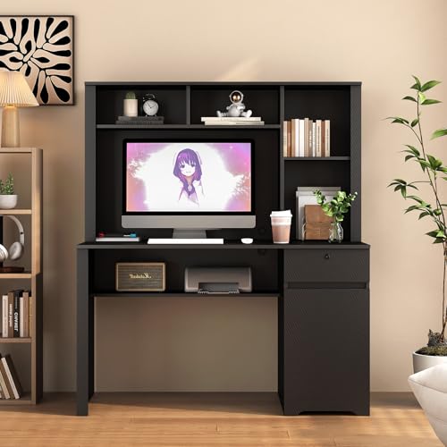 Computer Desk with Drawers & Power Outlets， File Drawers with Lock，51" Home Office Desk with Storage Shelves & Monitor Stand, Wooden Executive Desk Writing Study Desk,Black