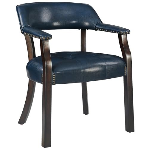 LEEMTORIG Faux Leather Dining Chair with Arms, Solid Wood Dining Chair with Supportive Back, Boss Caption's Chairs Office Desk Chairs, Espresso Legs & Blue PU CY-NX173-318LB - color: Espresso Legs & Blue Pu, size: Set of 1