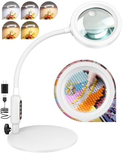 30X 10X Magnifying Glass with Light and Stand, 5 Color Modes Stepless Dimmable, Optical Grade HD Lens, LED Lighted Magnifier Hands Free with 20.5in Flexible Gooseneck for Close Work - White - color: White, size: 4.3in-20.5in & Base