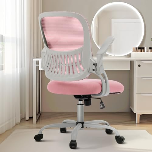 Sweetcrispy Home Office Chair, Mesh Office Chair, Lumbar Support, Pink | Adjustable Height, 360° Swivel Wheels, Mid-Back, Comfy Flip-up Arms for Small Space, Bedroom Study, Managerial Executive - color: Pink, size: 18.5"D&Flip-up Arms-Plus