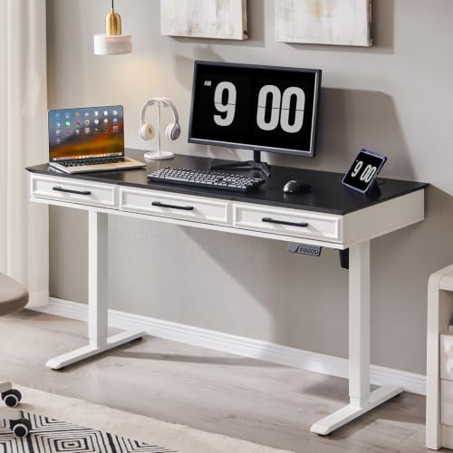 Electric Standing Desk with 3 Storage Drawers, 55x22 Inch Wood Adjustable Height Computer Desk w/One-Piece Desktop, Sit to Stand Up,Power Outlets, Gaming Table for Home Office and Study, White - color: White