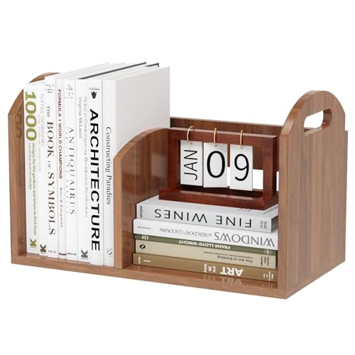 100% Solid Wood Adjustable Desktop Bookshelf, Retro Tabletop Book Shelf File Holder, Vertical Bookshelf Divider Desk Shelf for Home School Office Organization, Perfect for Books Magazine (Brown) - color: Brown