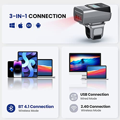 Eyoyo 2D 1D Mini Wearable Finger Ring Bluetooth Barcode Scanner with Screen | Left&Right-Handed Use, Wireless QR Code Scanner Reader Inventory, Support Screen Scan, Compatible with iPad iPhone Android - color: Grey