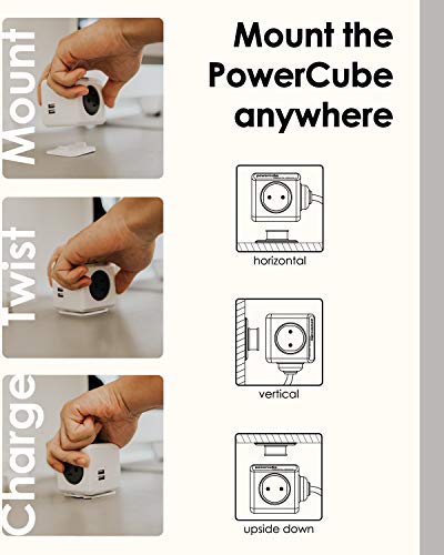 Power Strip Allocacoc PowerCube Extended 4 Outlets 2 USB 10ft 14AWG Cable, 15A 125V 1875W Max Extenion Surge Protector, Mounting Dock, No Blockage Phone Laptop Travel Dorm Home Office Space Saving ETL