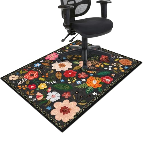 Office Chair Mat for Hardwood & Tile Floor,Boho Floral 36"x48" Office Computer Chair Mat for Rolling Chairs,Under Desk Non Slip Gaming Rug,Rubber Backing Large Low-Pile Carpet Protector Mat(Black) - color: Black, size: 36"*48"