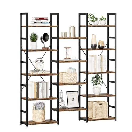 NUMENN Triple Column 5 Tier Bookshelf with 14 Adjustable Shelves, Vintage | Metal Frame & Wood Shelves, Open Freestanding Storage Unit with Supporting Bars for Bedroom, Living Room and Home Office - color: Vintage, size: 5 Tier(Regular)