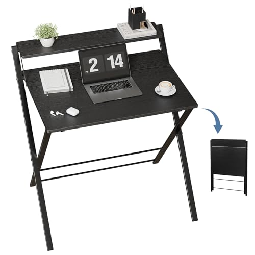 DUMOS Folding Desk with Shelf, No Assembly Computer Desk, Small Space Black | Foldable Desk with Shelf Saves Space for Bedroom, Office and Dorm Use - color: Modern Black