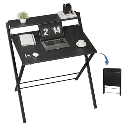 DUMOS Folding Desk with Shelf, No Assembly Computer Desk, Small Space Black | Foldable Desk with Shelf Saves Space for Bedroom, Office and Dorm Use - color: Modern Black