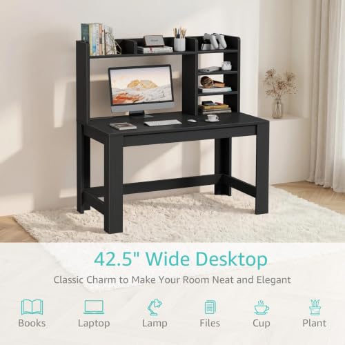 WINAZ 43" Black Gaming Desk with Hutch and Built-in Power Outlet | Modern Computer Desk with 3-Tier Storage Shelves and Hutch, Space-Saving Writing Table for Home Office - color: Black