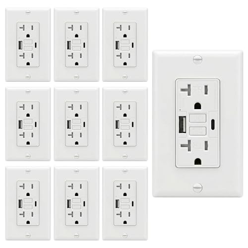 20 Amp GFCI Outlet with USB-A & C Ports, White, 10-Pack | Tamper-Resistant Receptacle, Automatic Self-Test & LED Indicator, Includes Wall Plate & Screws, ETL Listed