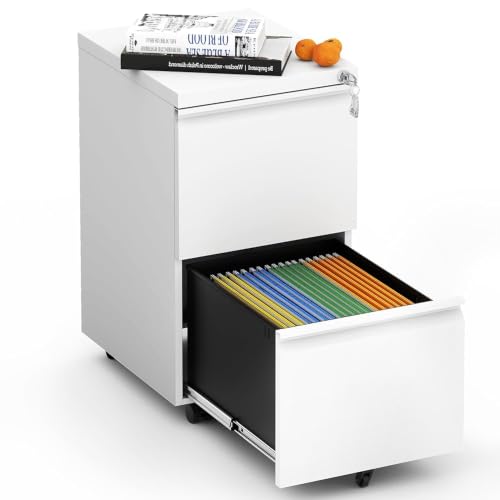 SAWJEC 2 Drawer Rolling File Cabinet Fully Assembled, White | Fully Assembled, Metal Under Desk Filing Cabinet with Lock & Wheels, 17"D x 15"W x 26"H, Letter/Legal/A4, for Home Office - color: White, size: 26"H x 15"W x 17"D