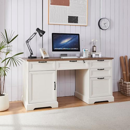 60" Farmhouse Executive Desk with Lock,Home Office Desk with Charging Station,Executive Desk with 4 Drawers & 1 Cabinet&1 File Cabinet for Office and Home - color: White