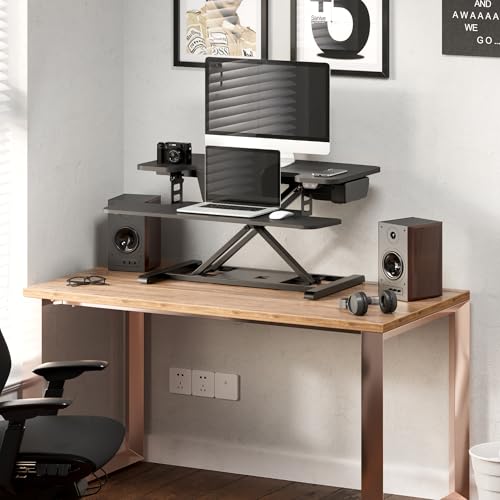 FLEXISPOT 32" Motorized Standing Desk Converter, Electric Stand up Desk Riser, Sit to Stand Dual Monitor and Laptop Workstation with Wide Keyboard Tray, Black - color: Black, size: 32"