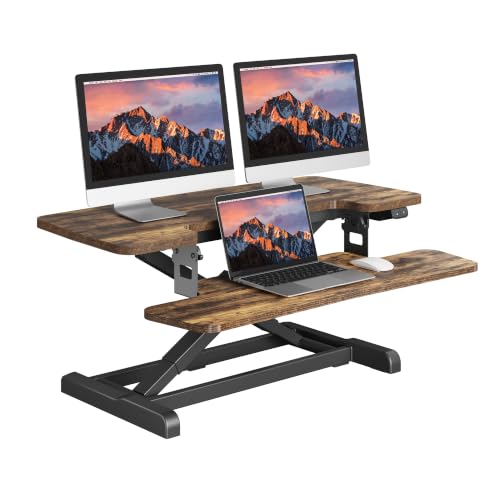 SANODESK Standing Desk Converter with Electric Motor 35" Height Adjustable Desk Riser for Office Home,Monitor and Laptop Workstation with Large Keyboard Tray, Rustic Color - color: Rustic, size: 35"