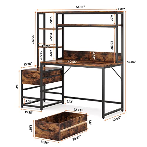 Tribesigns 55 Inch Computer Desk with 2 Drawers and Storage Shelves, Rustic Office Desk with Hutch, Study Writing Gaming Table Laptop Workstation for Home Office (Brown) - color: Brown