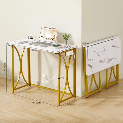 Folding Desk, 31.5" Small Desk for Bedroom with Power Outlet, Space Saving Foldable Computer Desk for Home Office, Easy Assembly, White and Gold - size: medium size02