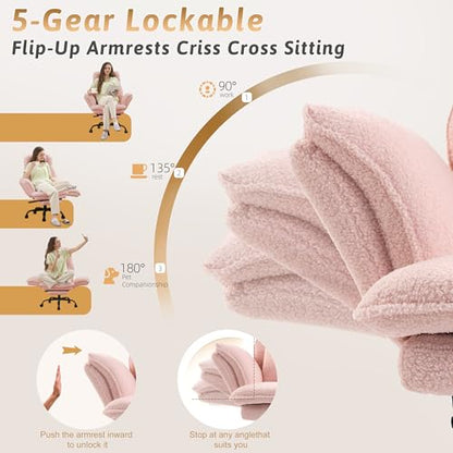 Wider Seat Office Chair with Flip Armrests for Criss Cross Legged&Cats, Big and Tall Executive Ergonomic Reclining Chair with Footrest&Lumbar Pillow, Teddy Fleece Desk Chair,Pink Vanity Chair - color: Pink