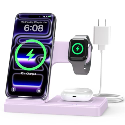 GETPALS Wireless Charger iPhone Charging Station for Apple Multiple Devices | 3 in 1 Charger Stand for iPhone 17 Pro Max 17e 16 16e 15 14 13 12 & Watch Series 11-2 SE Ultra & Airpods 4 3 Pro, Violet - color: Light Violet