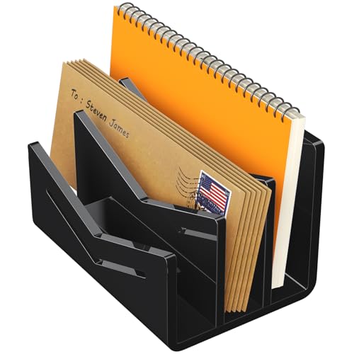 Beego Envelope and Mail Organizer Countertop - 3 Compartments Black Acrylic Desk Organizer Letter Holder Desktop File Sorter Bill Document Folder Rack for Office, Home, School Desk Organization - color: Black, size: 3 Compartments