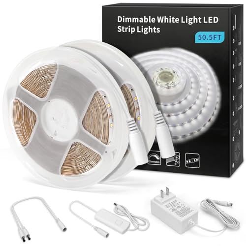 MYPLUS 50FT White LED Strip Lights, Dimmable LED Tape Light 6500K Bright Daylight White, Flexible Under Cabinet Lights with 900 LEDs and UL Listed Safety Power Supply for Room,Kitchen and décor - color: Cold White/6000K, size: 50FT/15M