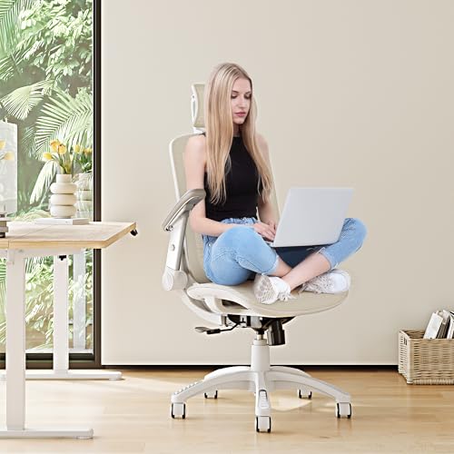 GABRYLLY Ergonomic Office Chair, High Back Home Desk Chair with Headrest, Flip-Up Arms, 90-120° Tilt Lock and Wide Cushion, 300LBS Mesh Chairs for Man Woman, White Task Chair(Beige,GY01WBG) - color: White Frame Beige Mesh