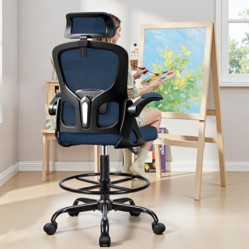 Drafting Chair, Tall Office Chair for Standing Desk, Ergonomic High Back with Headrest, Lumbar Support, Foot Ring and Flip-up Armrests, Navy Blue - color: Navy Blue