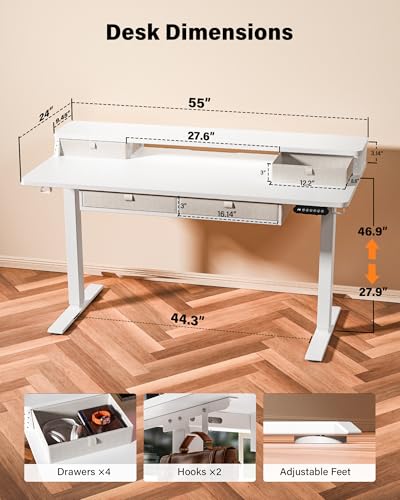FiCiHi 55x24 Inch Electric Standing Desk, 4 Drawers, Adjustable Height Desk - color: White, size: 55"x24" (4 Drawers)