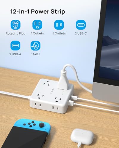 TROND 360° Rotating Flat Plug Power Strip 10ft, 8 AC & 4 USB (2U2C), White - color: White, size: 10FT, style: Rotating Plug-2U2C