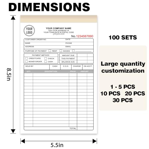 Custom 5.5" x 8.5" Invoice Book with Logo 100 Set Personalized Receipt Books Customized Invoices for Small Business 2 - Parts Carbonless Duplicate Invoice Forms NCR Books - size: 5.5" x 8.5", style: 2-part invoice