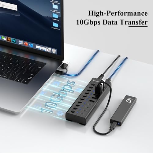 Powered USB Hub, 10-Port USB C Hub with 6 USB-A 3.2, 4 USB-C 3.2 Ports - color: Black